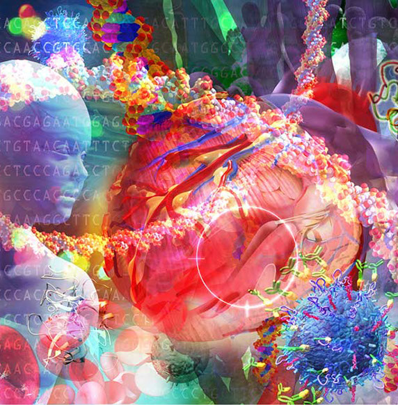 Emory University Health Sciences Research Building murals This montage mural focuse on cutting edge research invo proteins, enzymes, receptors, 