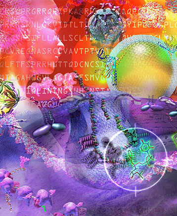 Scale&nbsp; viewer part of the complex molecular machinery human cell&nbsp; interest to the biotechnologygenome, DNA, mRNA, proteins, enzymes, receptors, 