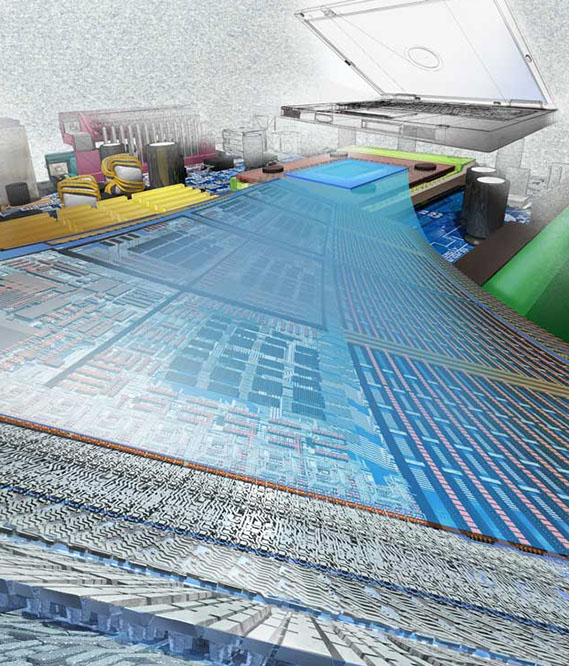 Detail from poster transitioning from laptop, motherboard, into the detail of a microprocessor.