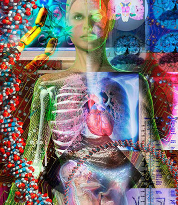 Large hanging panel incorporating elements of the past to future of medical visualization, for the UCSD Biomedical Library interior. Linda Nye