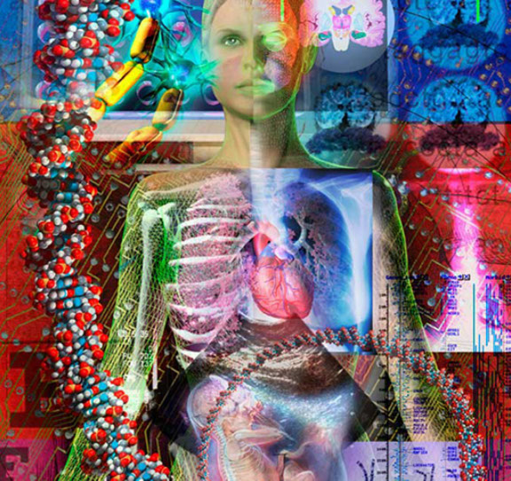 Large hanging panel incorporating elements of the past to future of medical visualization, for the UCSD Biomedical Library interior. Linda Nye